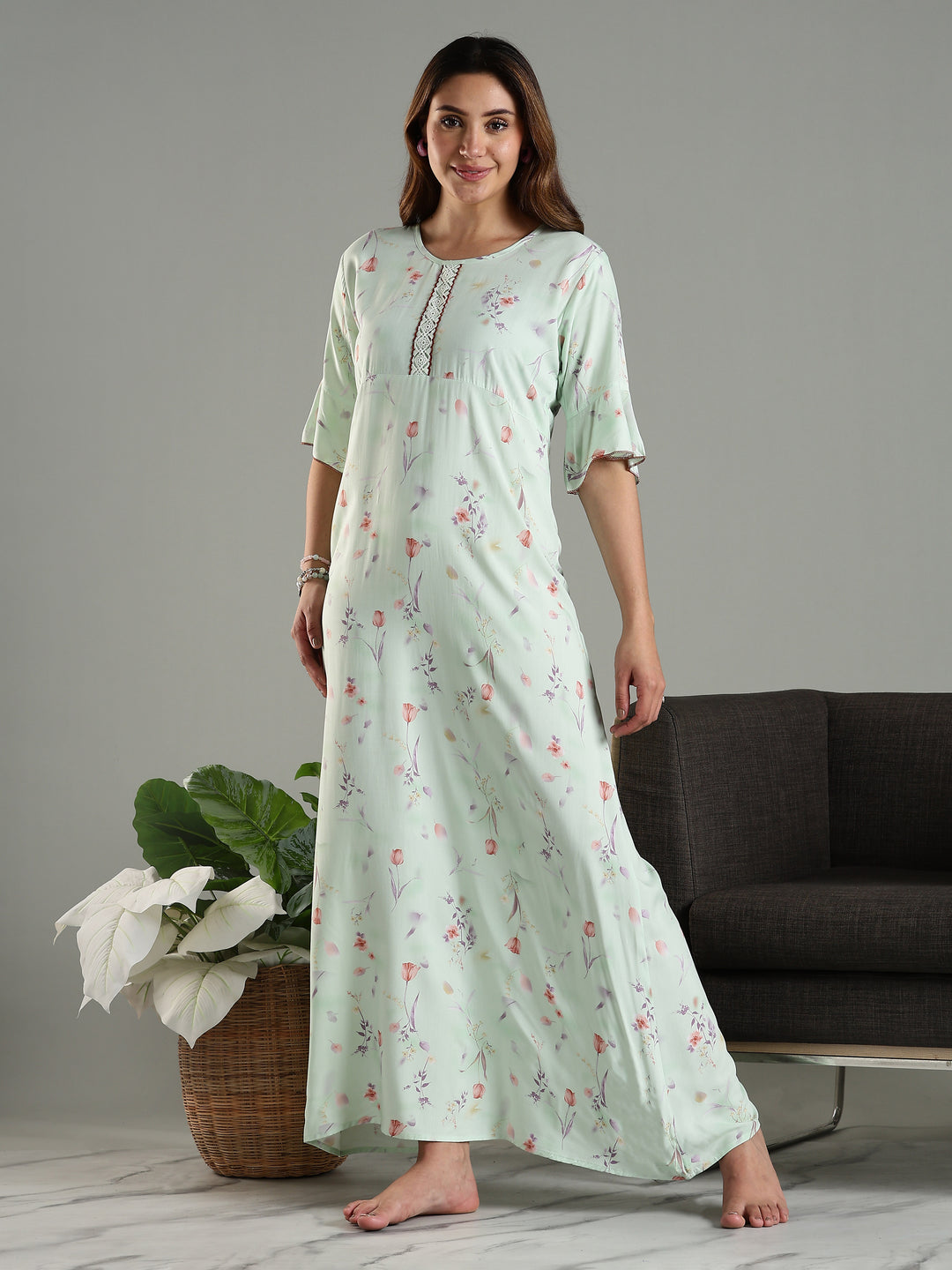 Classy Green Rayon Floral Print Nighty for Women