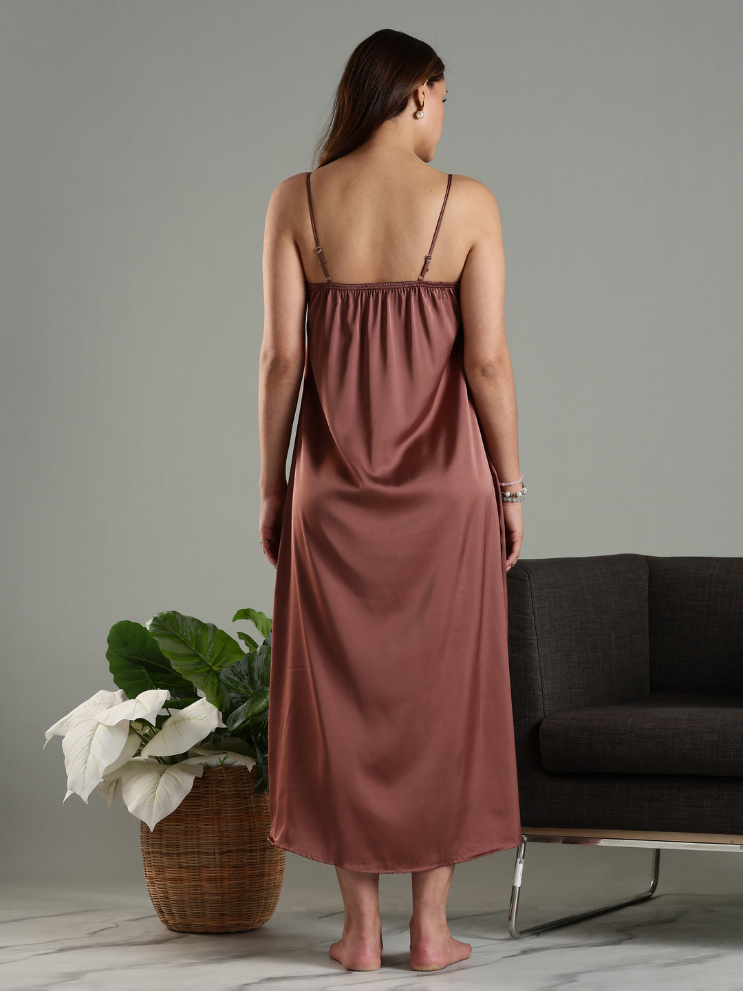 Satin Nightwear Set for Women Peach Color with Lace and Long Robe