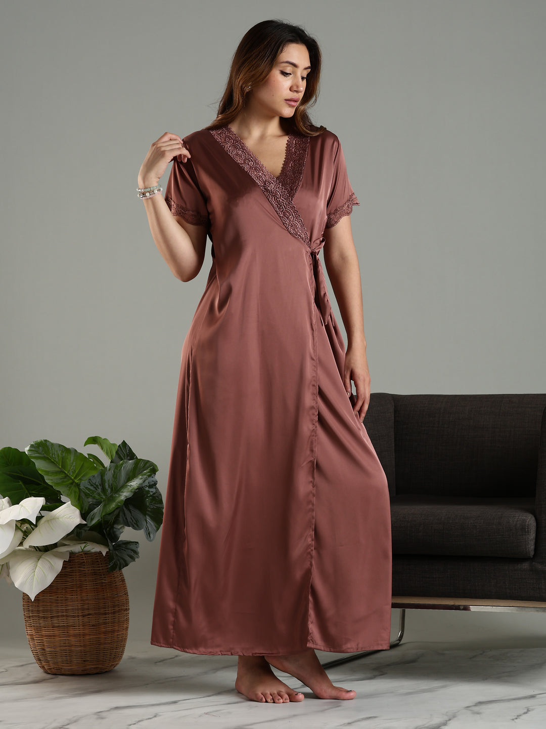 Satin Nightwear Set for Women Peach Color with Lace and Long Robe