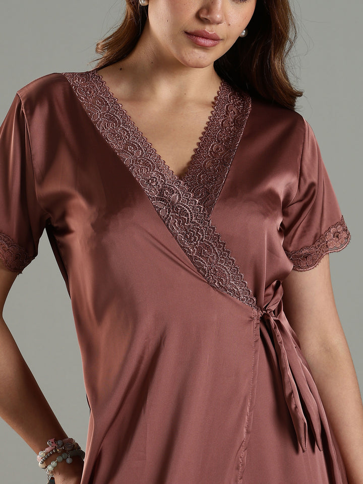 Satin Nightwear Set for Women Peach Color with Lace and Long Robe