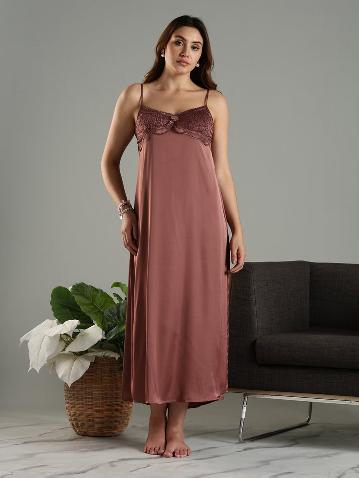 Satin Nightwear Set for Women Peach Color with Lace and Long Robe