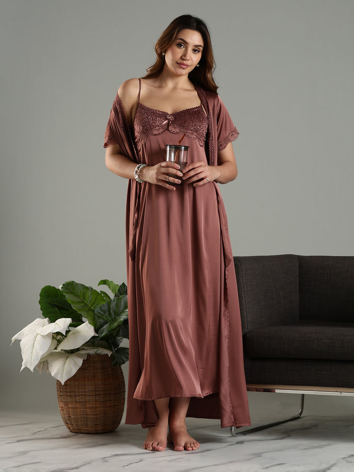 Satin Nightwear Set for Women Peach Color with Lace and Long Robe