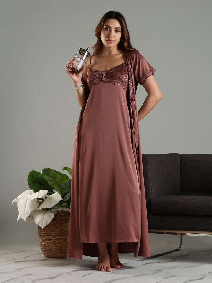 Satin Nightwear Set for Women Peach Color with Lace and Long Robe