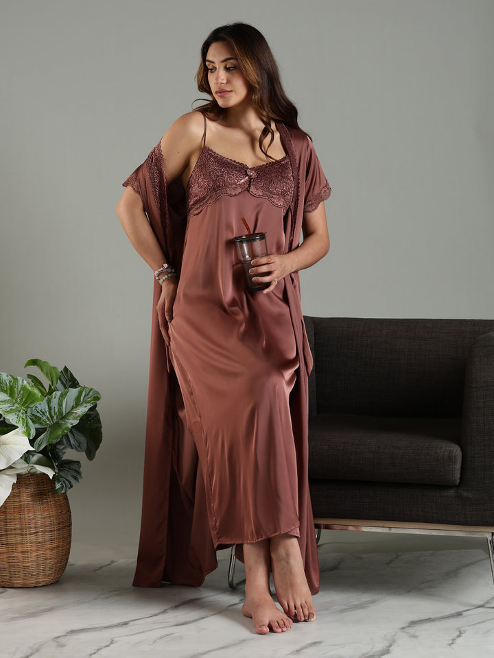 Satin Nightwear Set for Women Peach Color with Lace and Long Robe