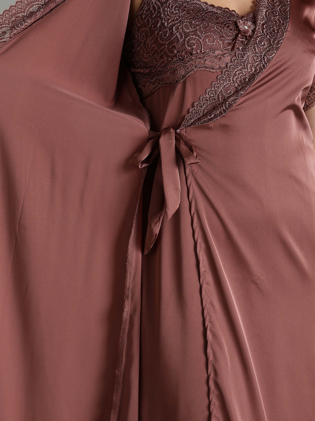 Satin Nightwear Set for Women Peach Color with Lace and Long Robe
