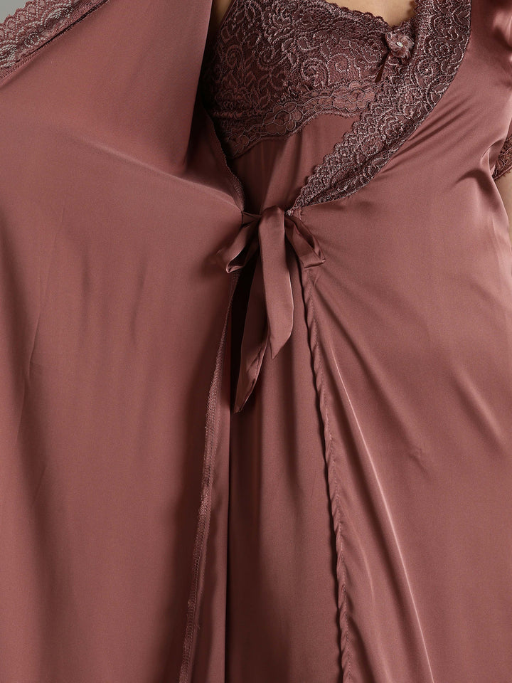 Satin Nightwear Set for Women Peach Color with Lace and Long Robe