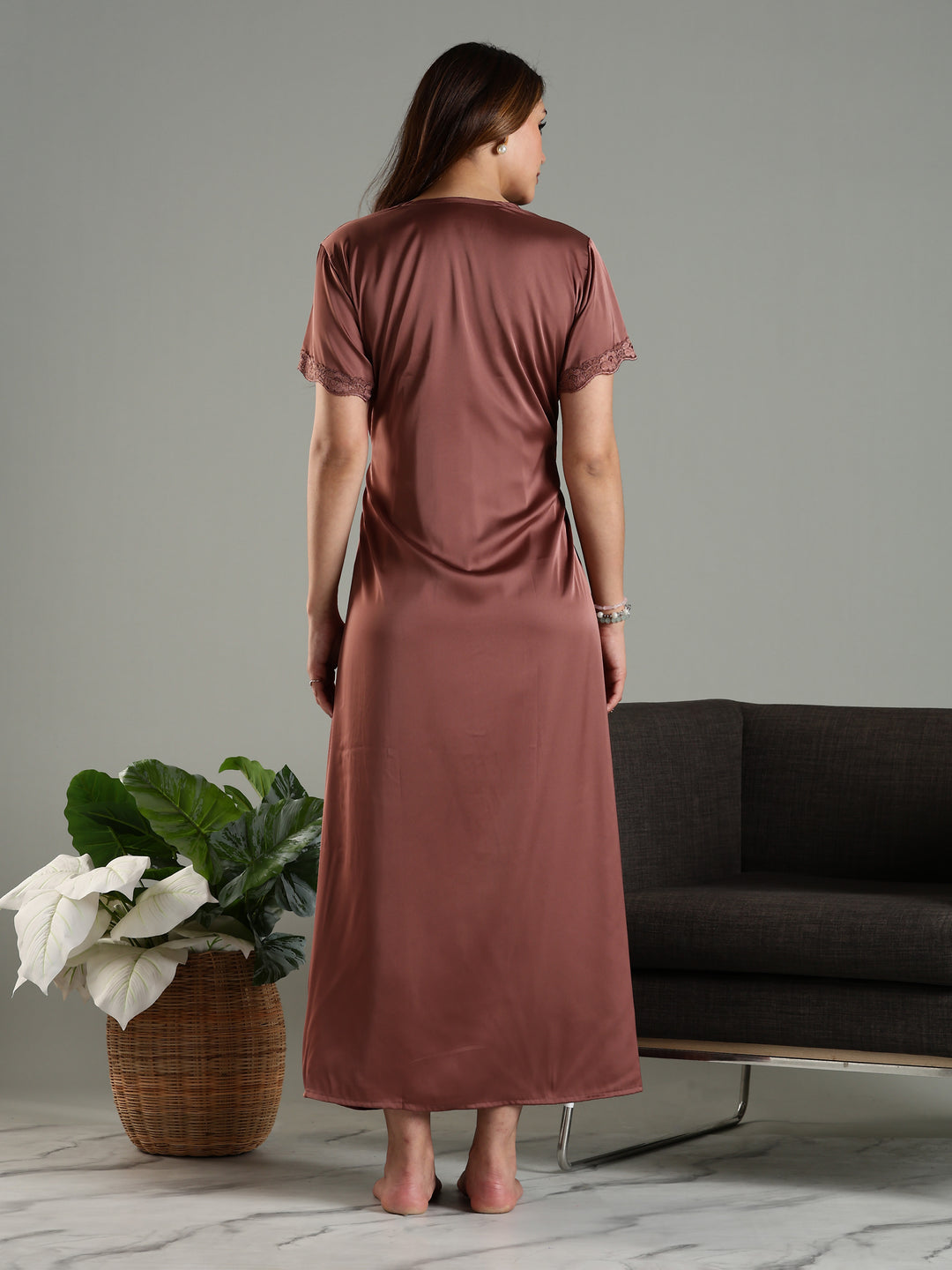 Satin Nightwear Set for Women Peach Color with Lace and Long Robe