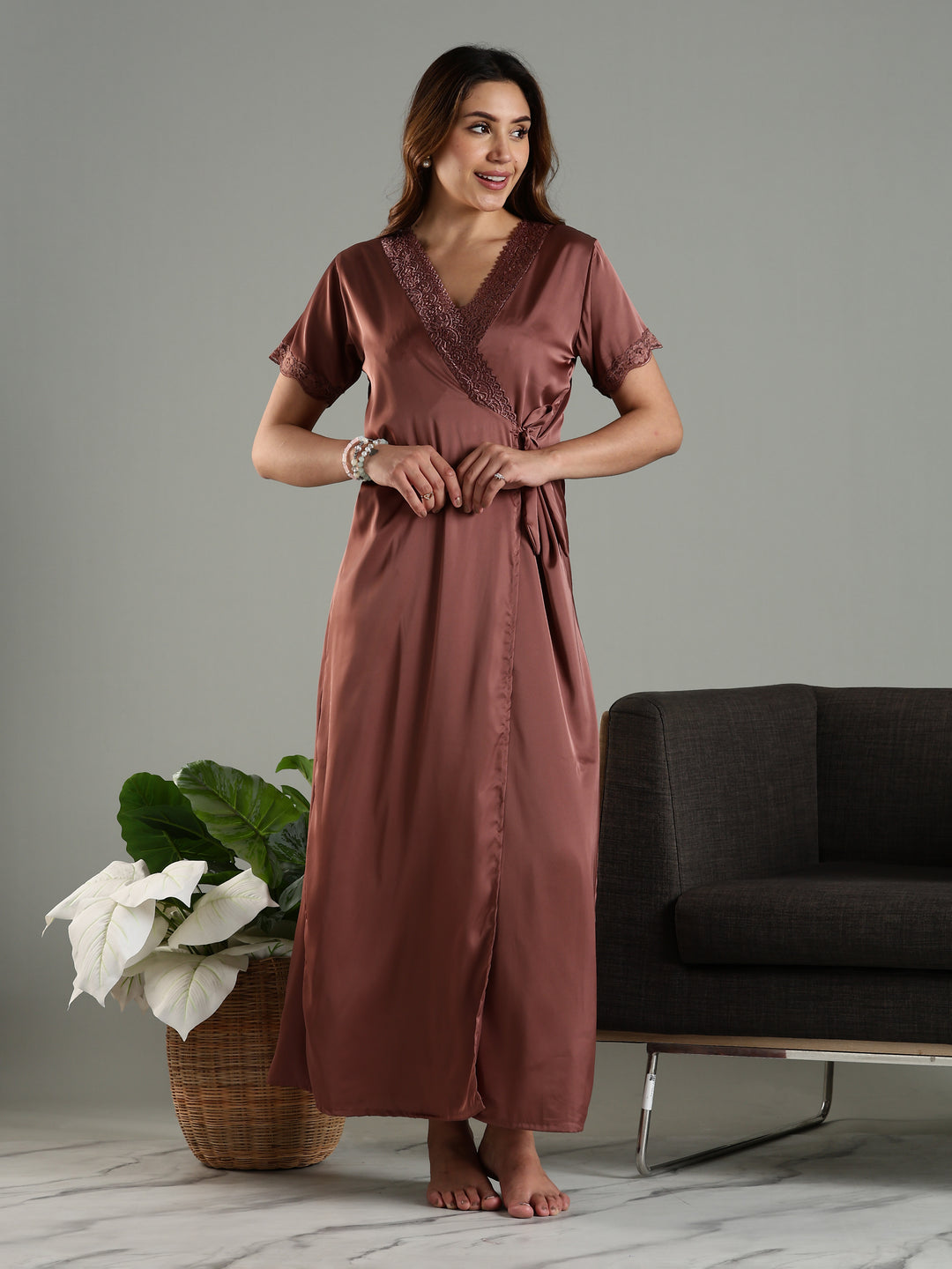 Satin Nightwear Set for Women Peach Color with Lace and Long Robe