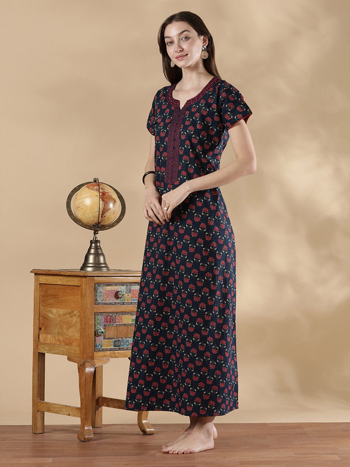 Pure Cotton Floral A Line Nighty for Women Classic Fit