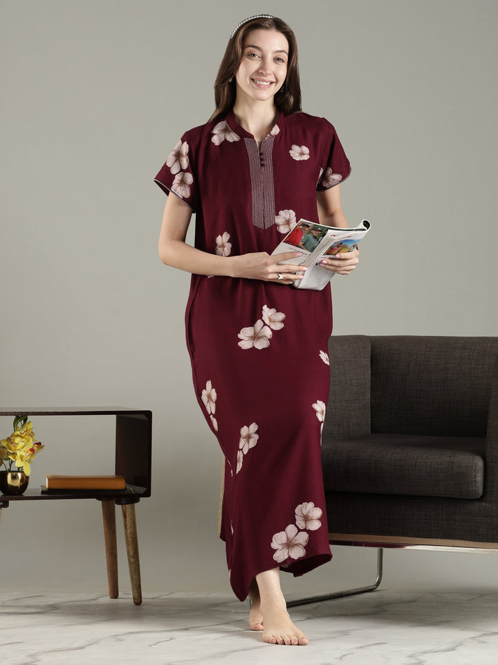 Alpine Floral A Line Nighty for Women with Pocket in Twilight Garnet