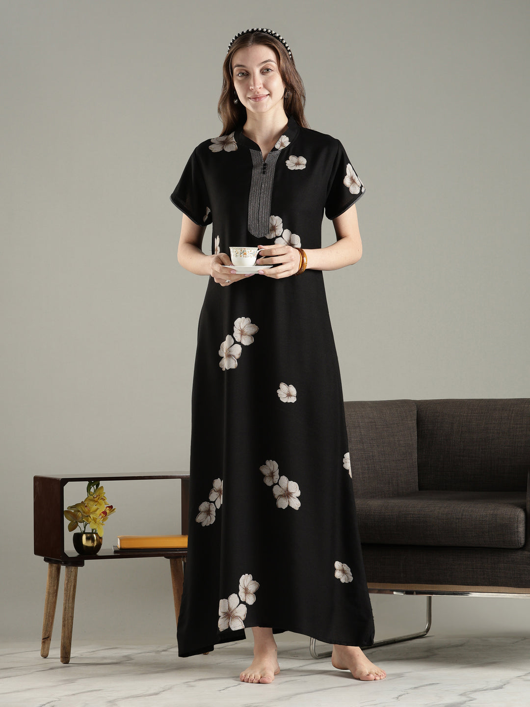 Alpine Floral A Line Nighty for Women with Pocket in Twilight Noir