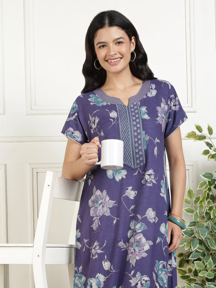 Classic Indigo Floral Print Alpine Nighty for Women Relaxed A Line Fit
