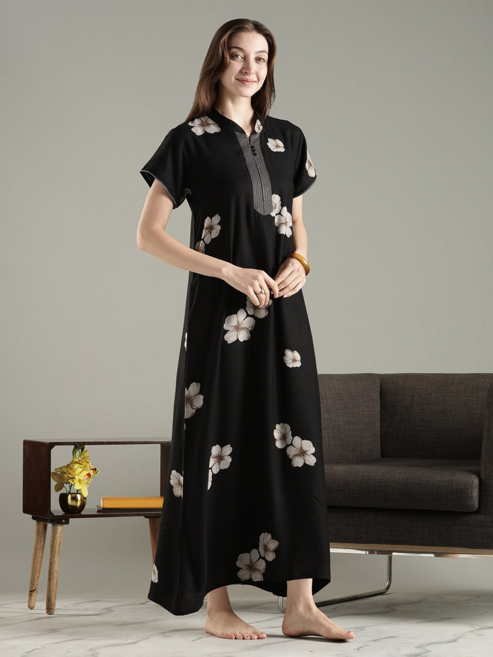 Alpine Floral A Line Nighty for Women with Pocket in Twilight Noir
