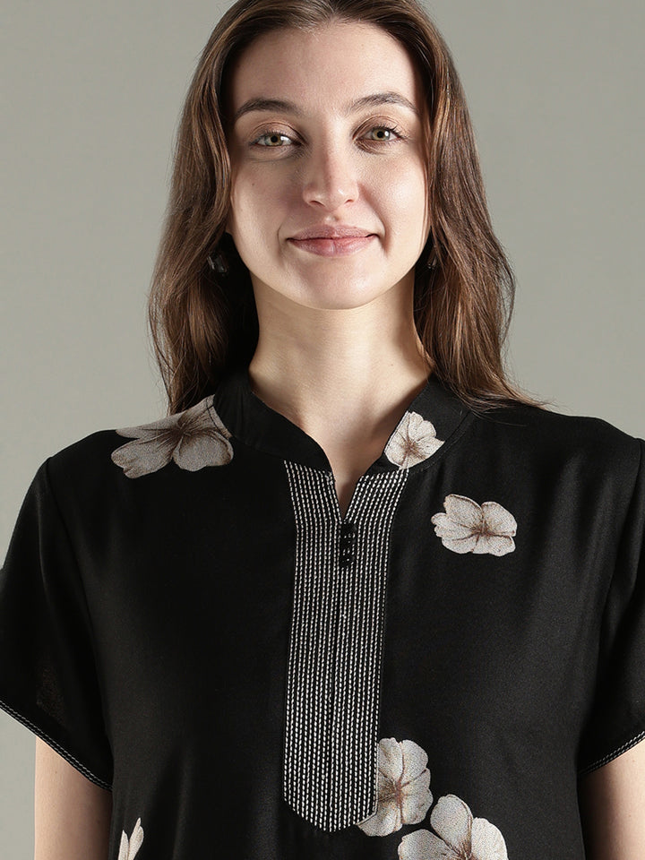 Alpine Floral A Line Nighty for Women with Pocket in Twilight Noir