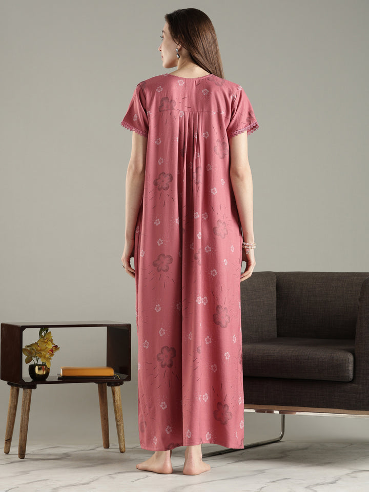 Pleated Alpine Floral Nighty for Women with Lace Neckline
