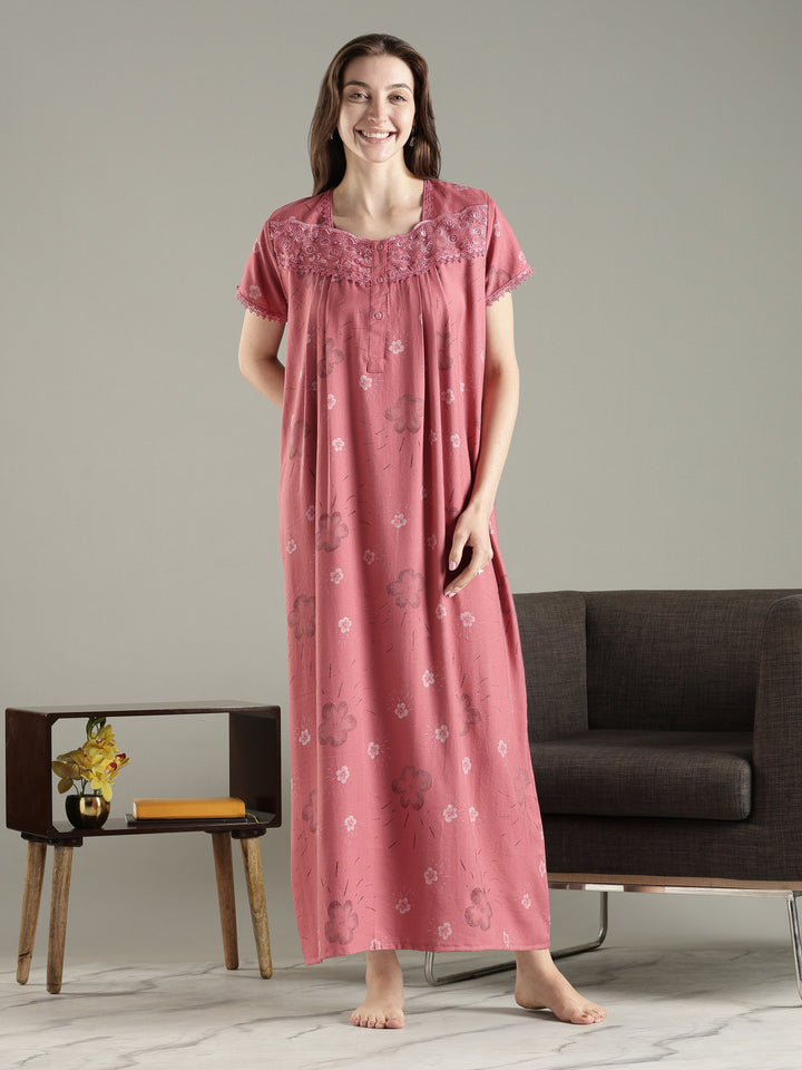 Pleated Alpine Floral Nighty for Women with Lace Neckline