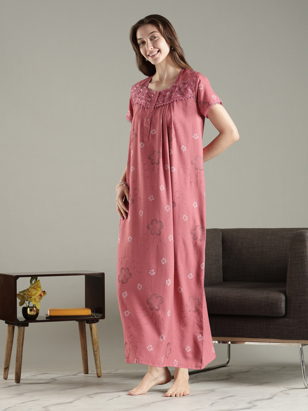 Pleated Alpine Floral Nighty for Women with Lace Neckline