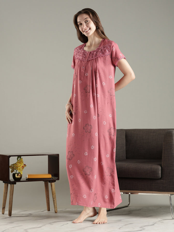 Pleated Alpine Floral Nighty for Women with Lace Neckline
