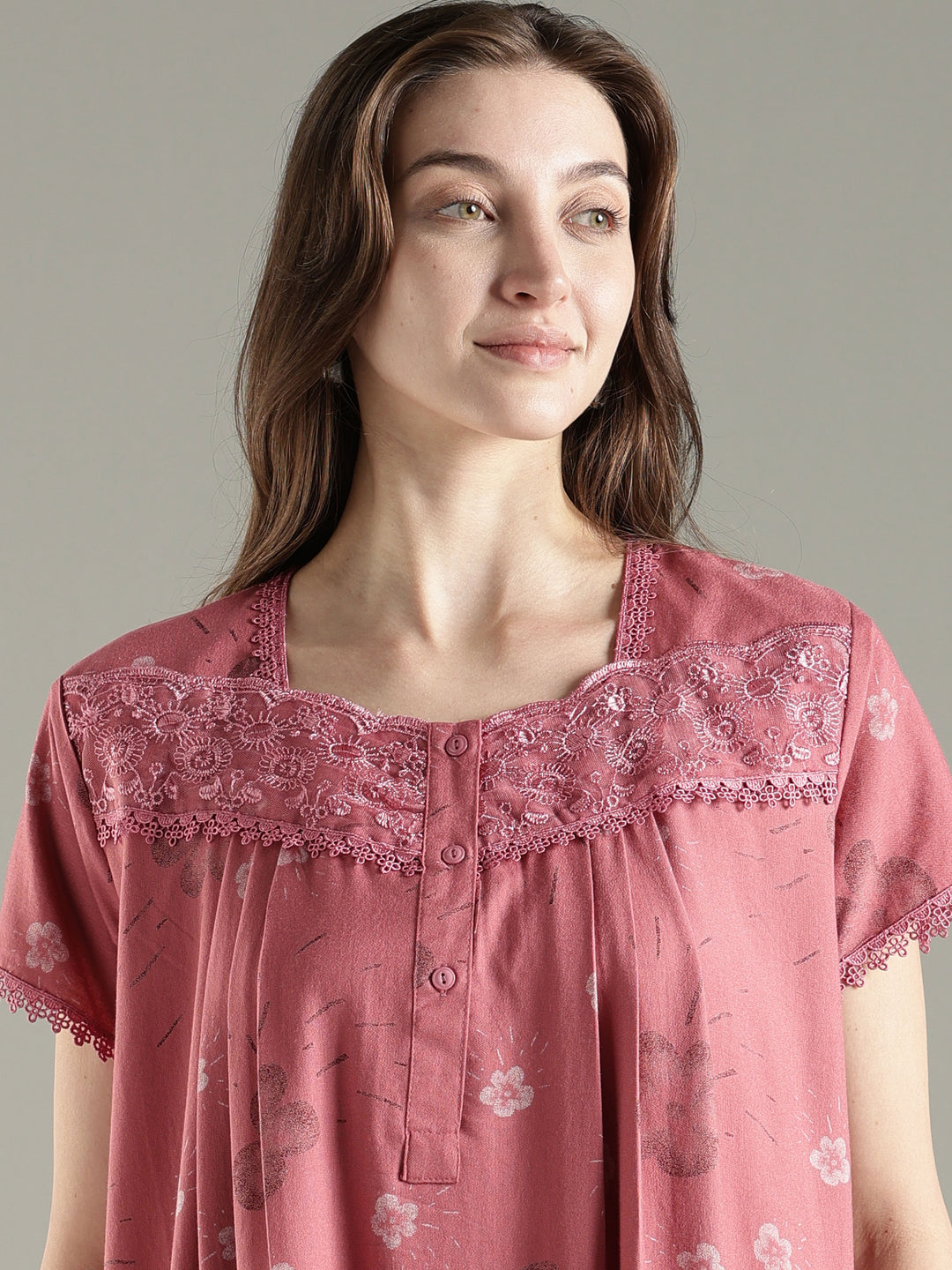 Pleated Alpine Floral Nighty for Women with Lace Neckline