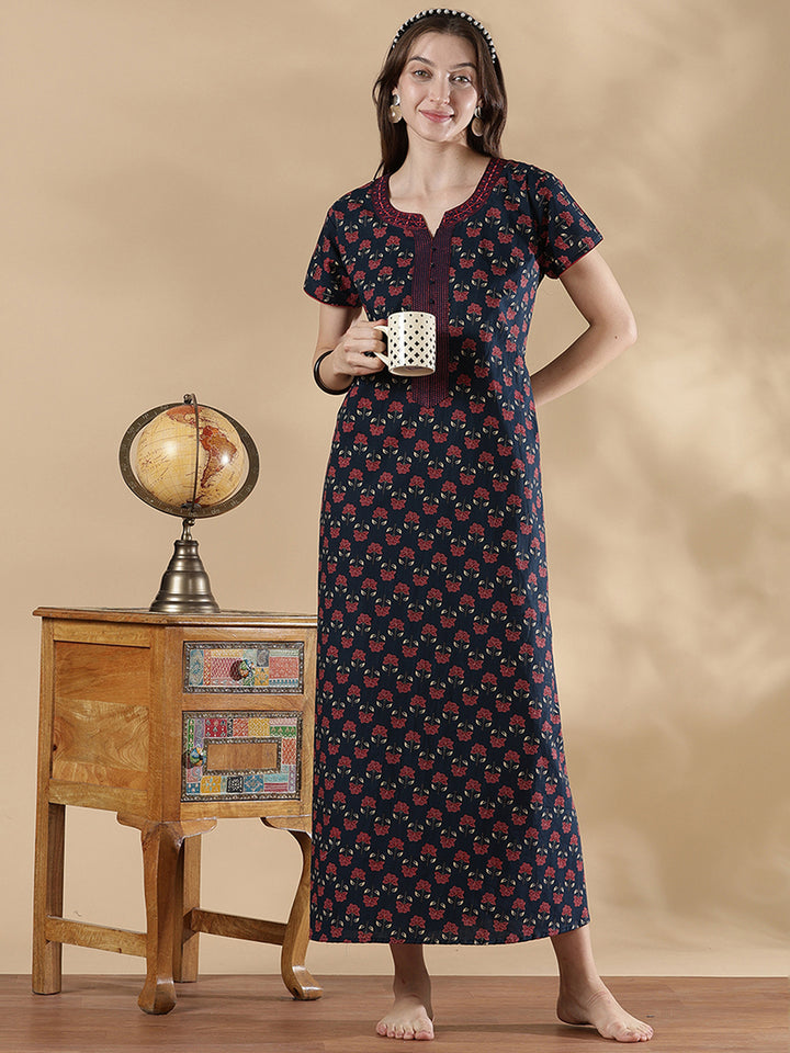 Pure Cotton Floral A Line Nighty for Women Classic Fit