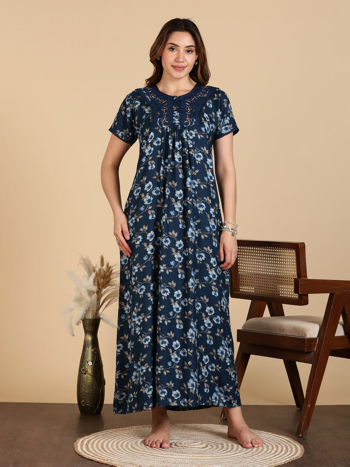 Alpine Designer Nighty in Floral Blue Print for Women