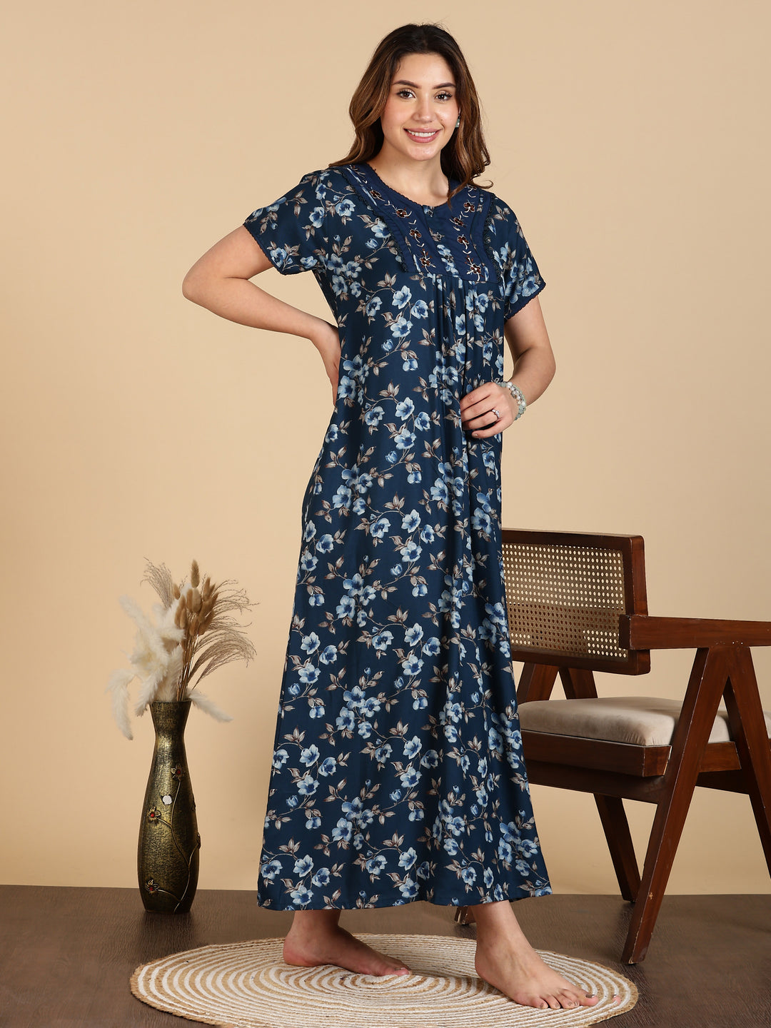 Alpine Designer Nighty in Floral Blue Print for Women