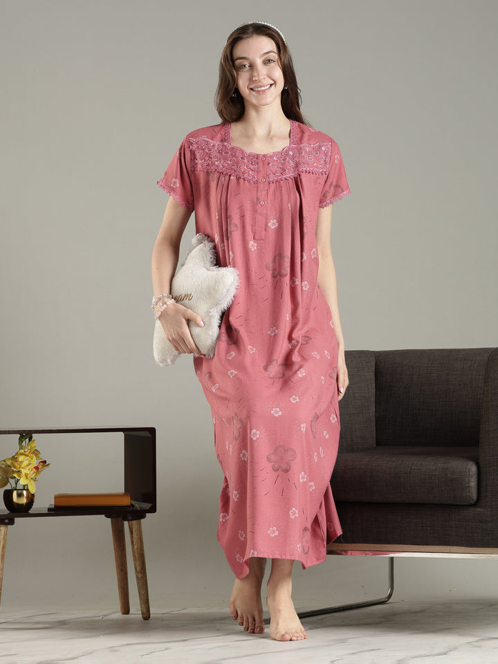 Pleated Alpine Floral Nighty for Women with Lace Neckline