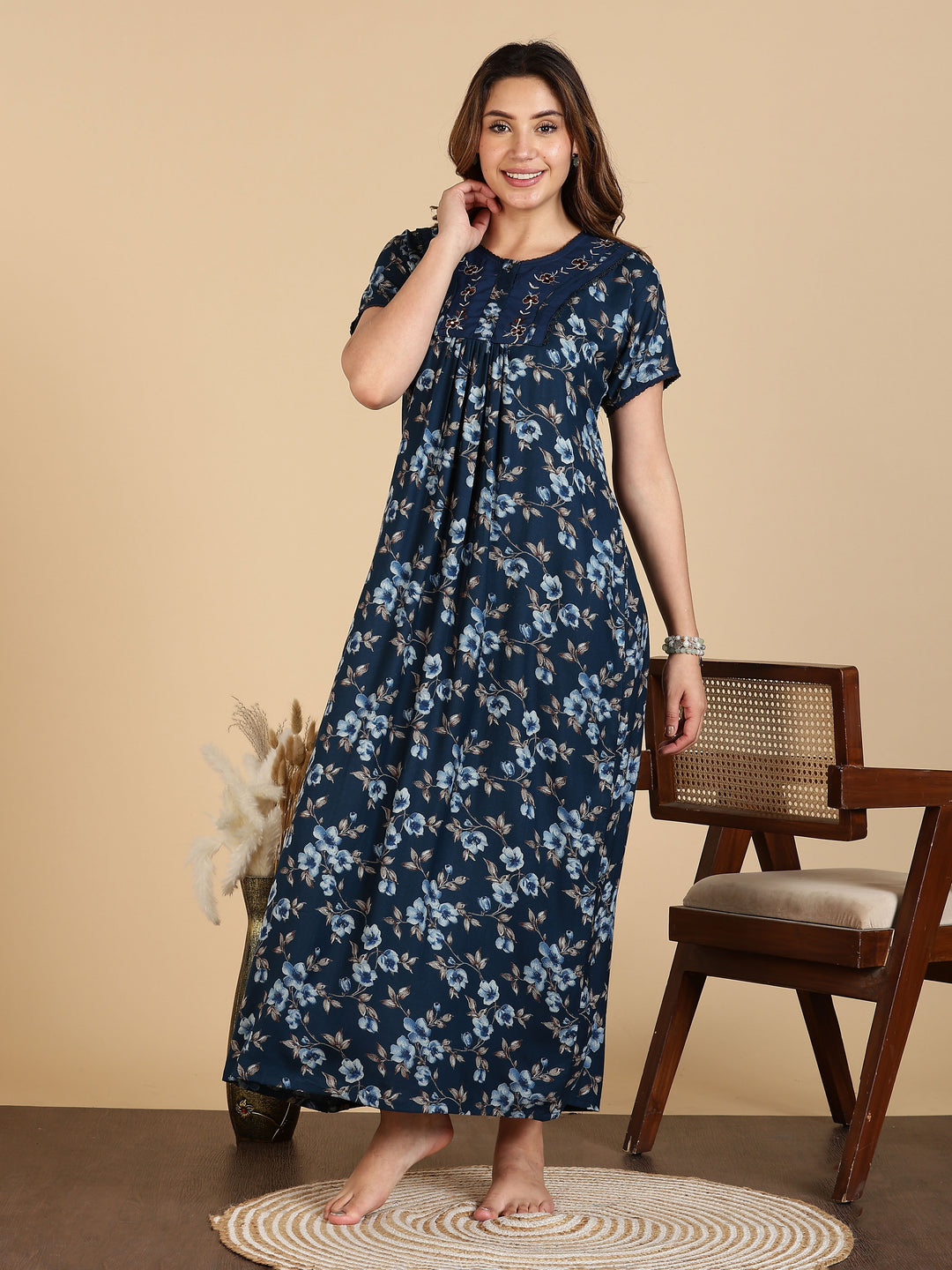 Alpine Designer Nighty in Floral Blue Print for Women