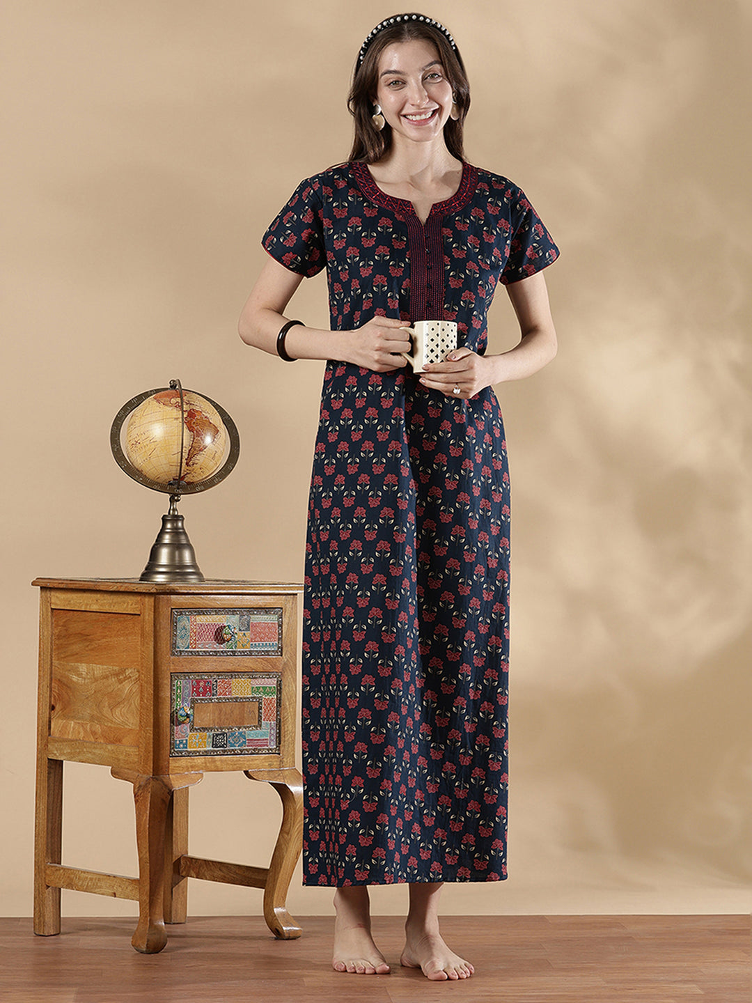 Pure Cotton Floral A Line Nighty for Women Classic Fit