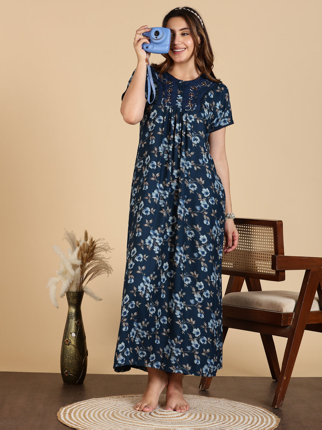 Alpine Designer Nighty in Floral Blue Print for Women