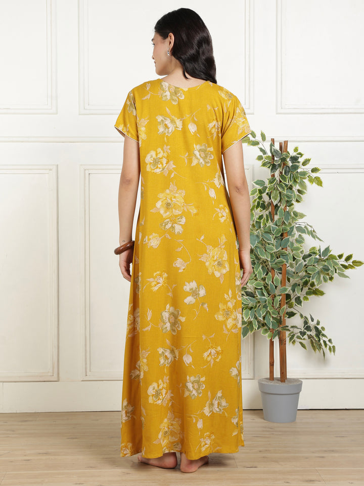 Classic Mustard Floral Alpine Nightdress for Women with Pocket