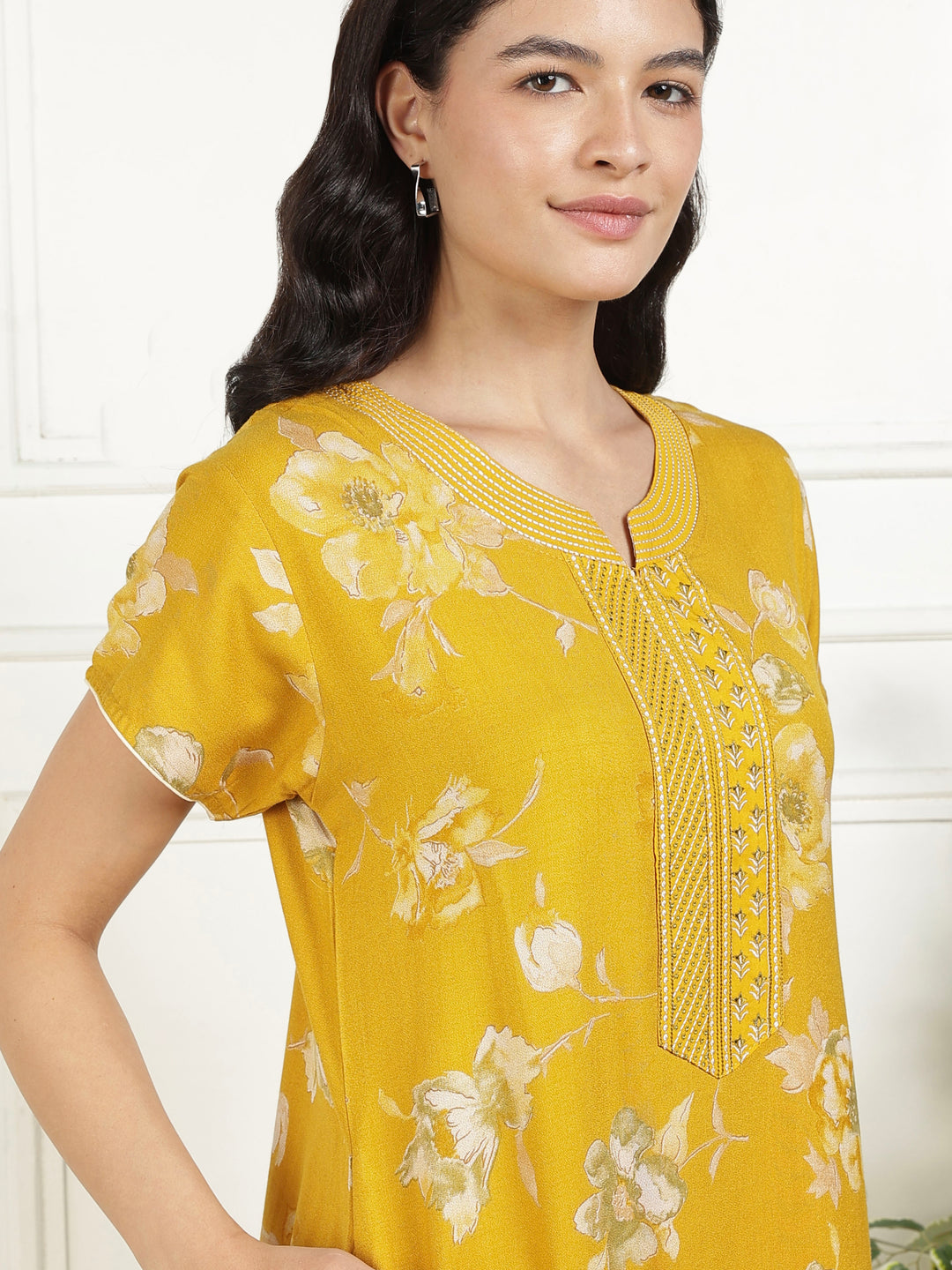 Classic Mustard Floral Alpine Nightdress for Women with Pocket