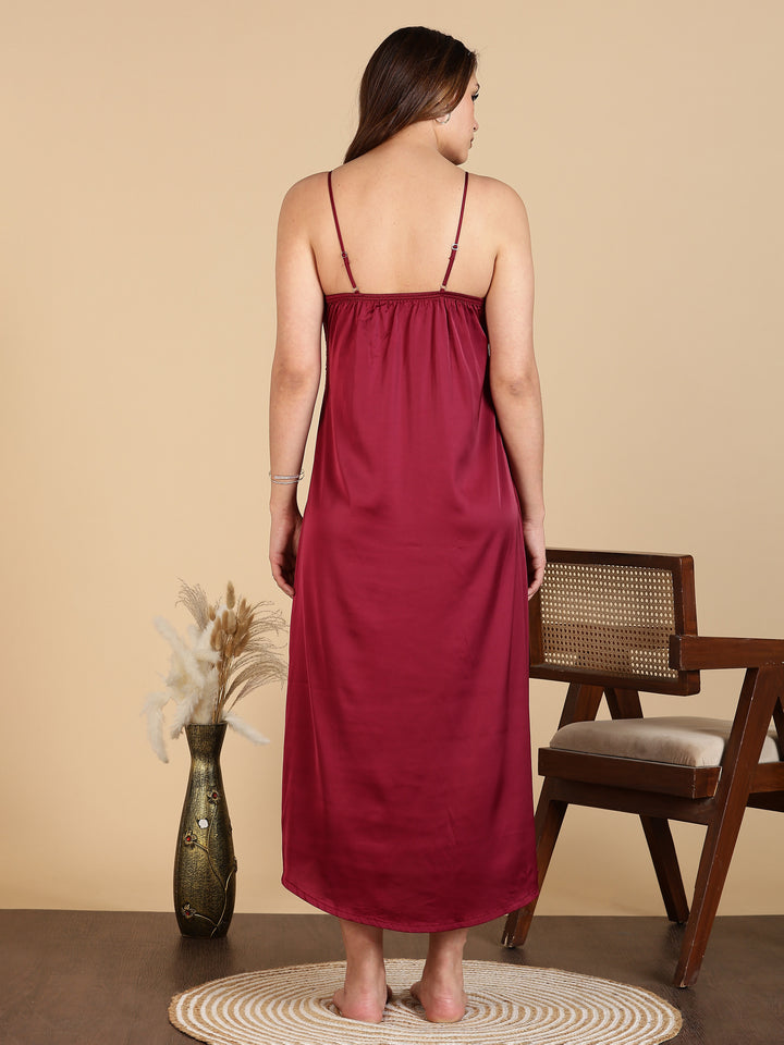 Wine Red Satin Bridal Nightwear Set for Women Long Robe