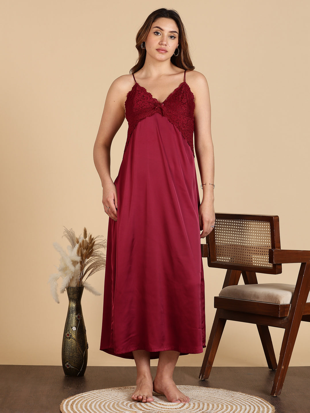 Wine Red Satin Bridal Nightwear Set for Women Long Robe