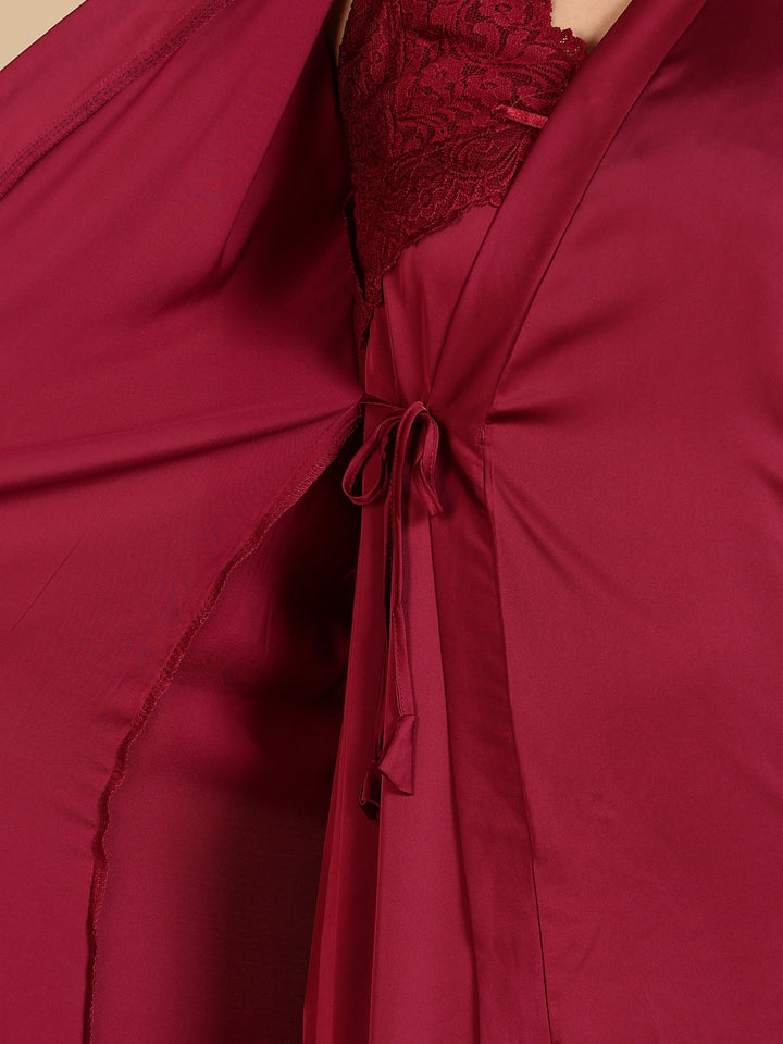 Wine Red Satin Bridal Nightwear Set for Women Long Robe