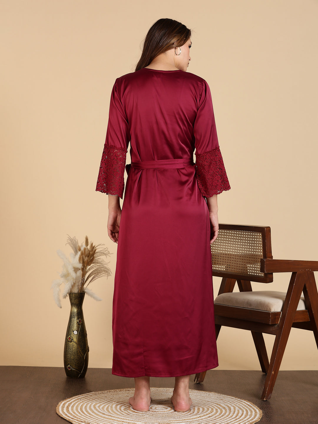 Wine Red Satin Bridal Nightwear Set for Women Long Robe
