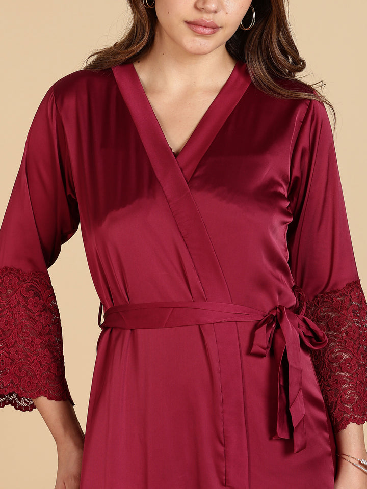 Wine Red Satin Bridal Nightwear Set for Women Long Robe