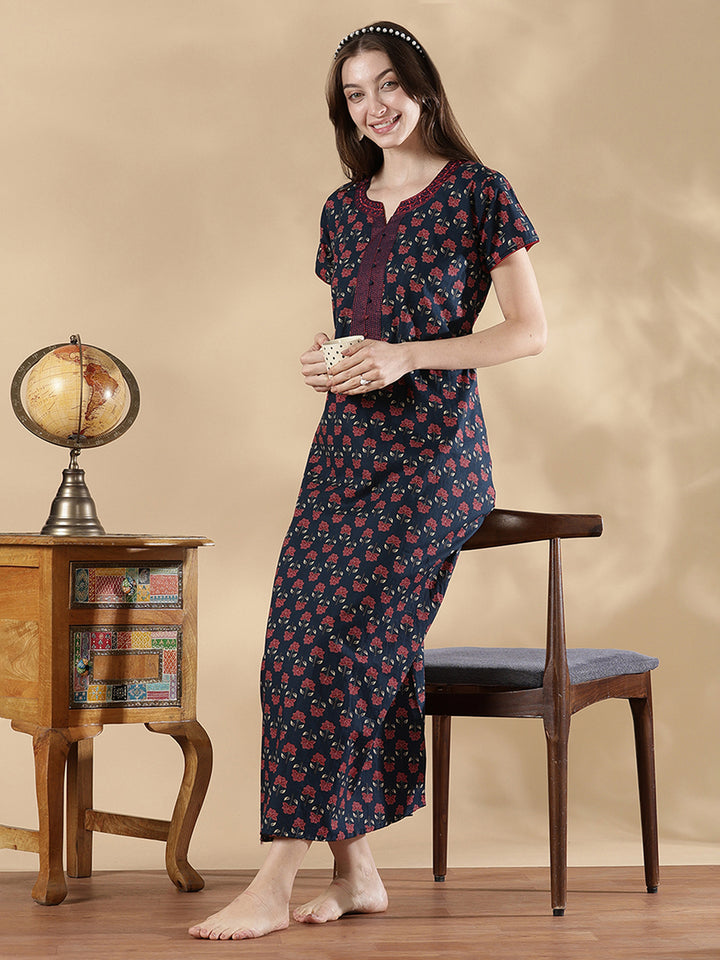Pure Cotton Floral A Line Nighty for Women Classic Fit