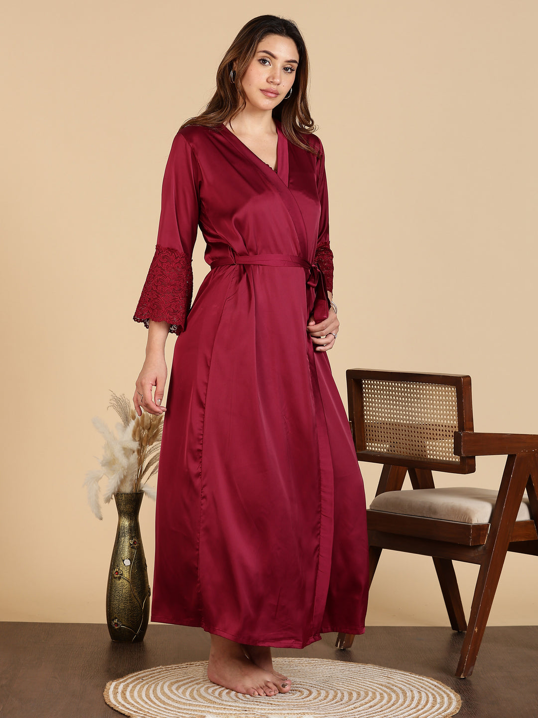 Wine Red Satin Bridal Nightwear Set for Women Long Robe