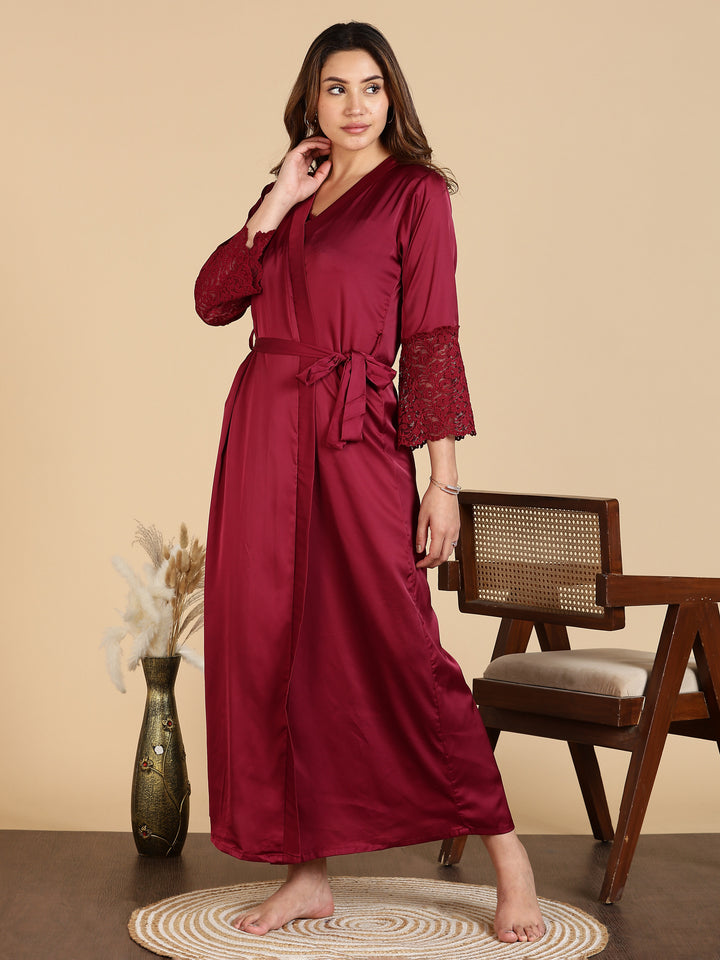 Wine Red Satin Bridal Nightwear Set for Women Long Robe