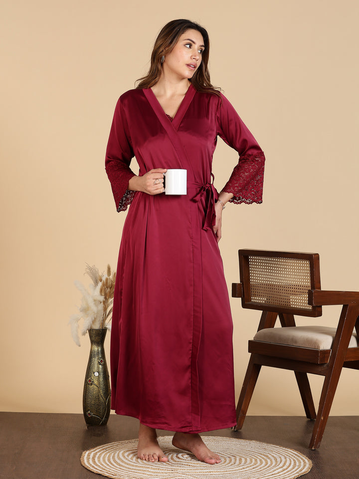 Wine Red Satin Bridal Nightwear Set for Women Long Robe