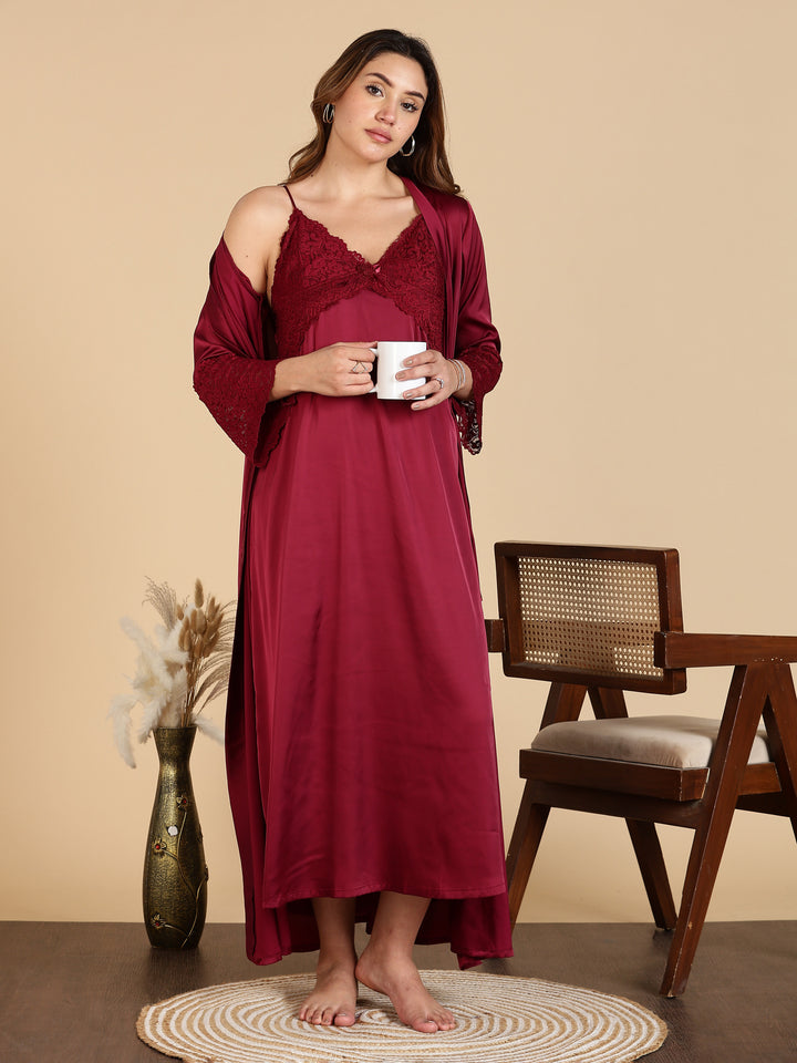 Wine Red Satin Bridal Nightwear Set for Women Long Robe