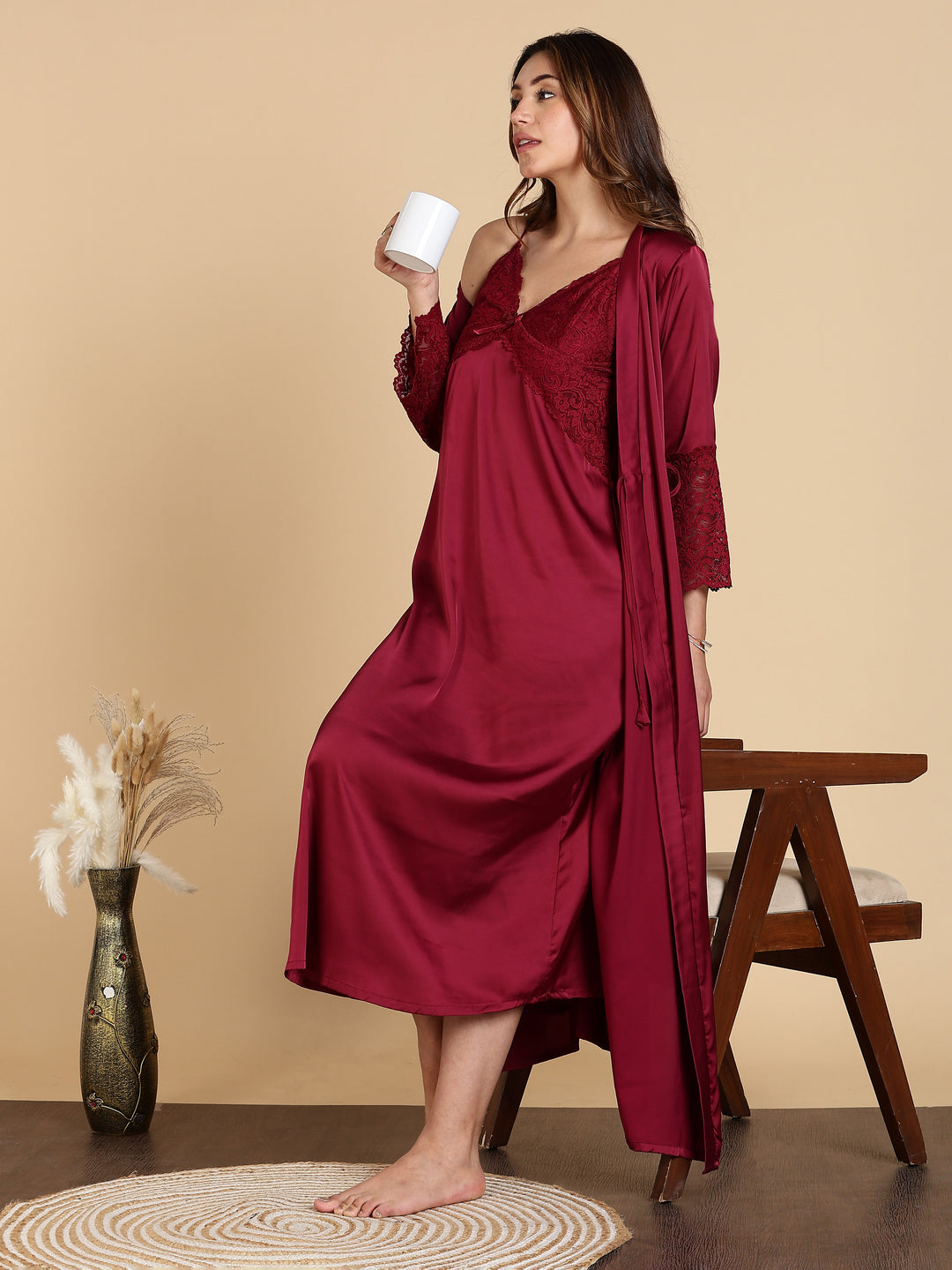 Wine Red Satin Bridal Nightwear Set for Women Long Robe