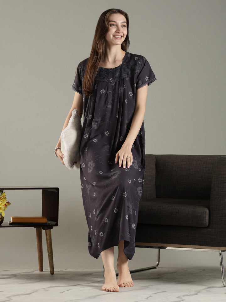 Alpine Pleated Floral Nighty for Women with Lace Detailing