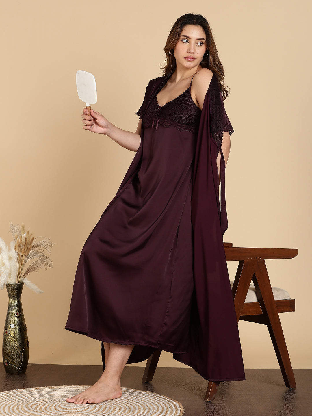 Dark Red Satin Bridal Nightwear for Women with Lace
