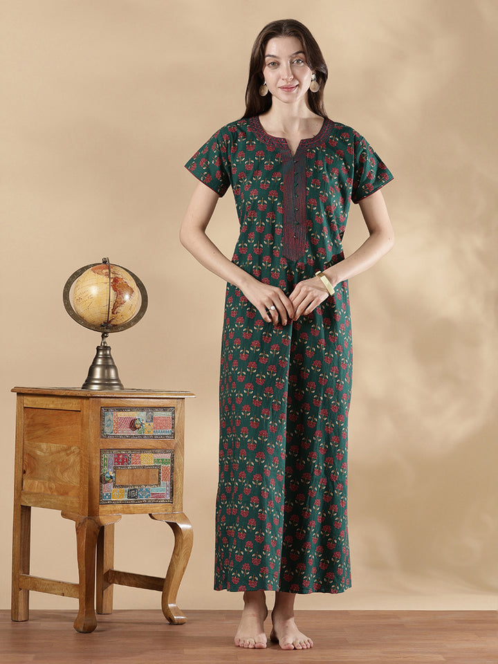 Pure Cotton Floral A Line Nighty for Women Relaxed Comfort
