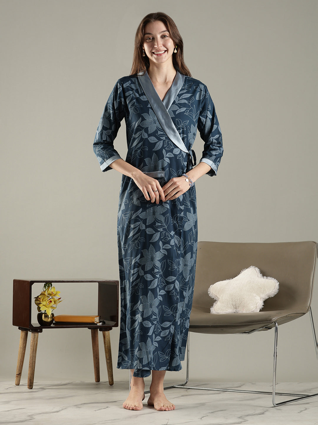 Soft Floral Wrap House Coat for Women in Lightweight Viscose