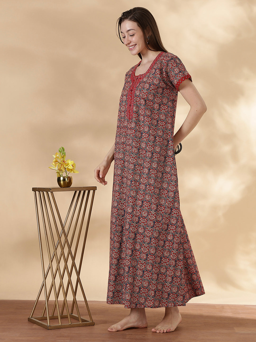 Ajrakh Rust Cotton Nighty for Women Floral A Line Comfort