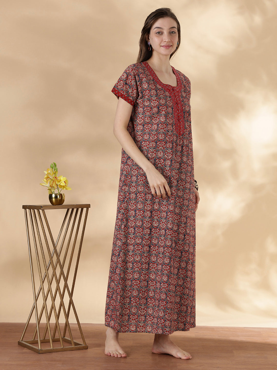 Ajrakh Rust Cotton Nighty for Women Floral A Line Comfort