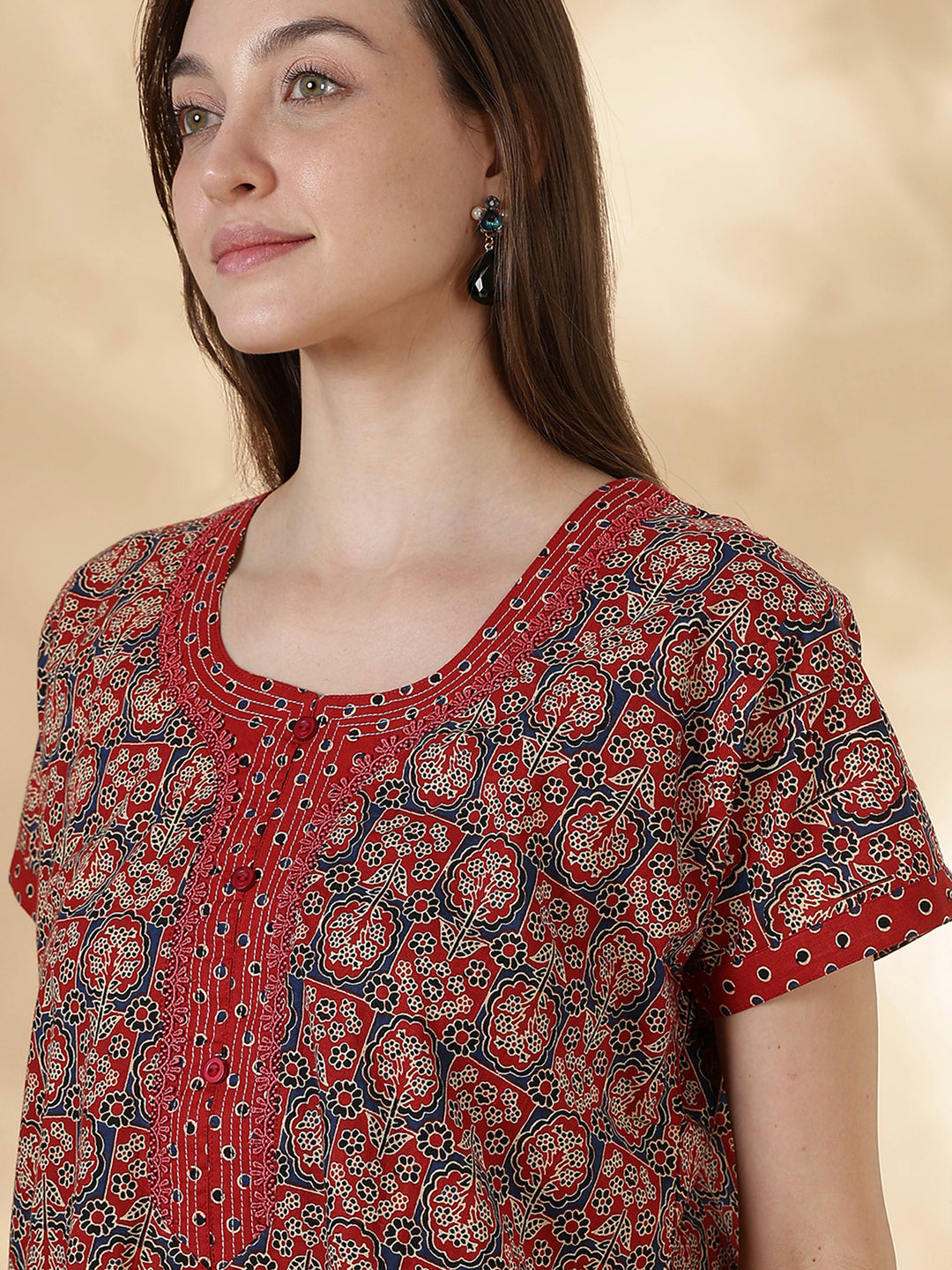 Ajrakh Rust Cotton Nighty for Women Floral A Line Comfort
